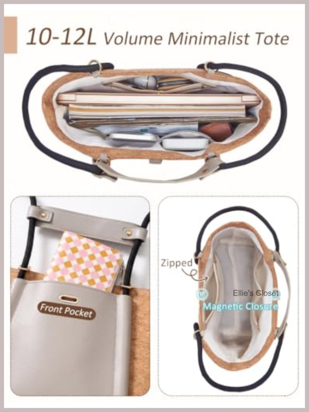 Cork Leather Work Travel Tote Bag for Women Convertible Backpack Top Handle - Picture 5 of 6